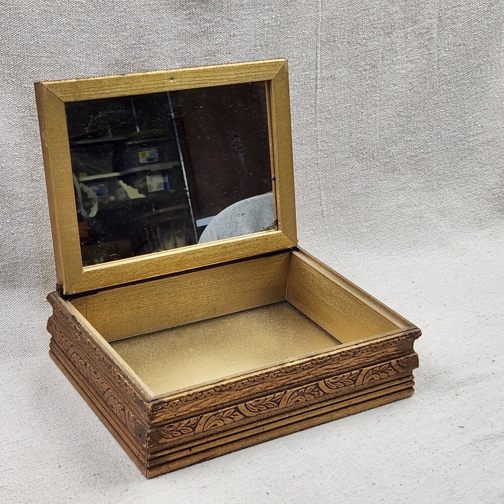 VTG Trinket Jewelry Box Carved Wood Mirror Interior Glass Top Gold Tone 8X6X2.5" - Picture 2 of 15